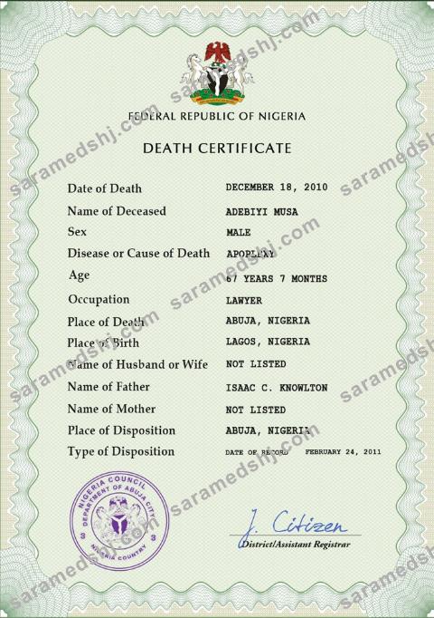 Nigeria vital record death certificate PSD template